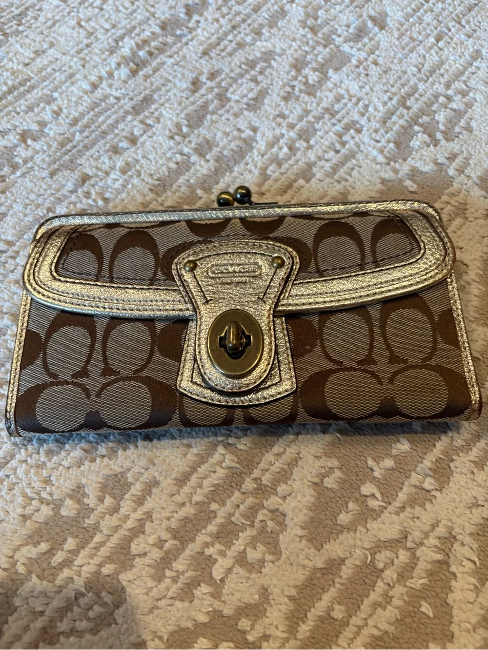 Coach Brown Signature Canvas Wallet with Metallic Gold Accent and Turn-Lock